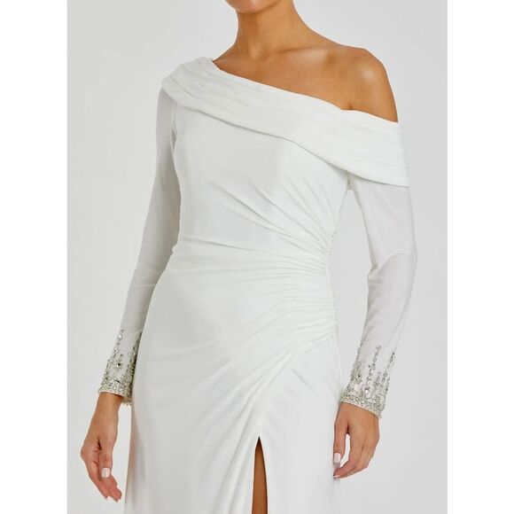 Mac Duggal White Beaded Cuff Drop Shoulder Faux Wrap Gown - Size 0 - NWT - Picture 3 of 5
